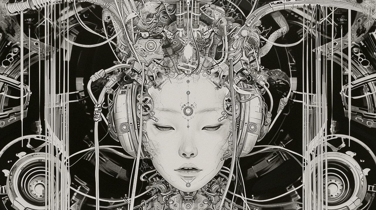 Cyborg geisha head with headphones and wires, symmetrical black-and-white line art, Midjourney V6.0