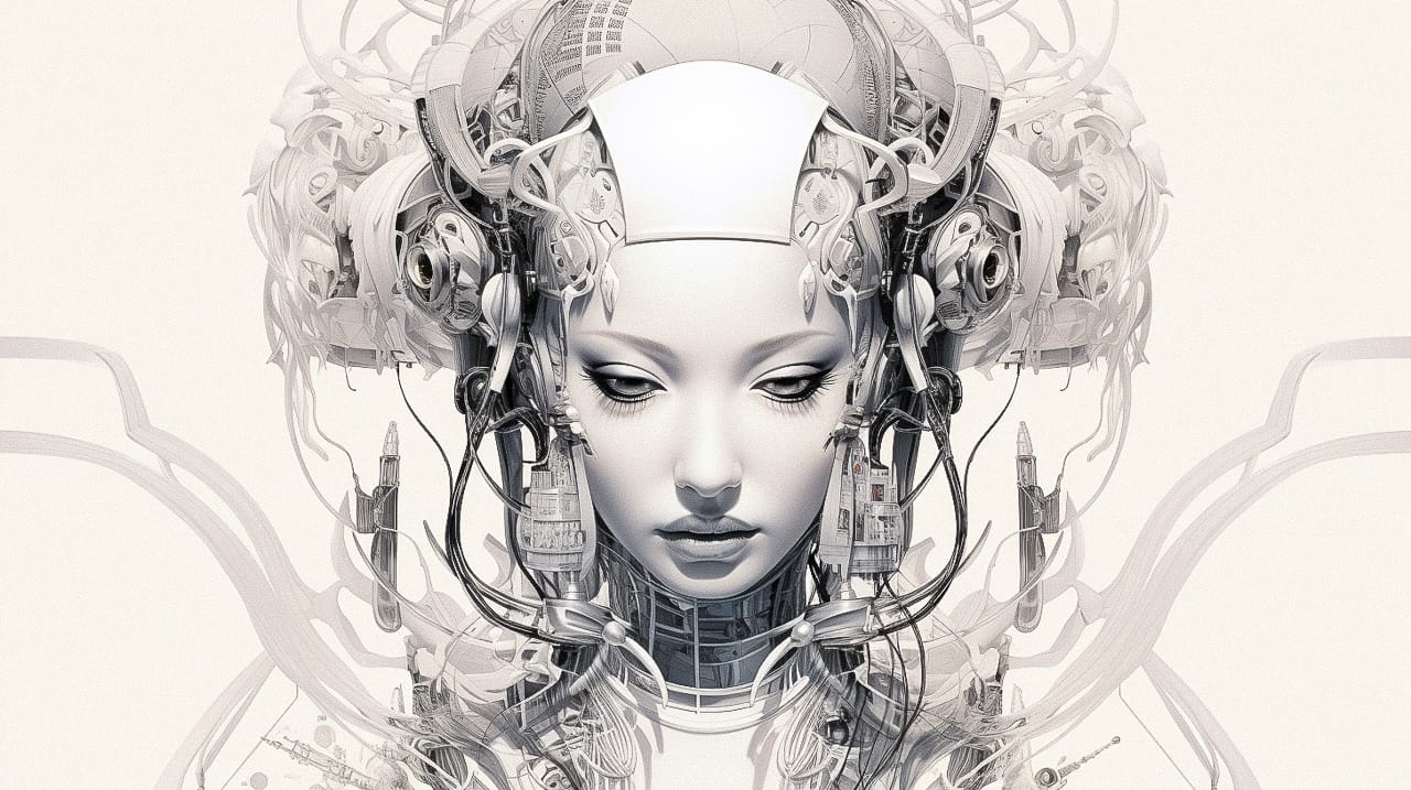 Symmetrical cyborg geisha head with headphones and wires, Midjourney V5.2, figure 18
