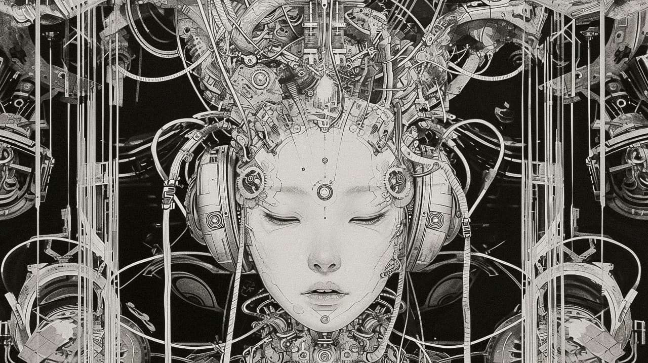Symmetrical cyborg geisha head with headphones and wires, intricate black-and-white linework, Midjourney V6.0