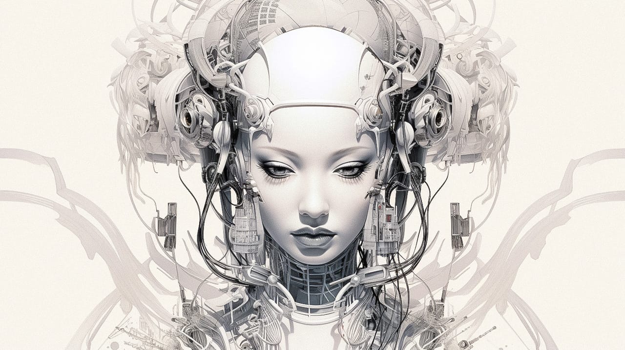 Symmetrical cyborg geisha head with headphones and wires, intricate black-and-white collage, Midjourney V5.2