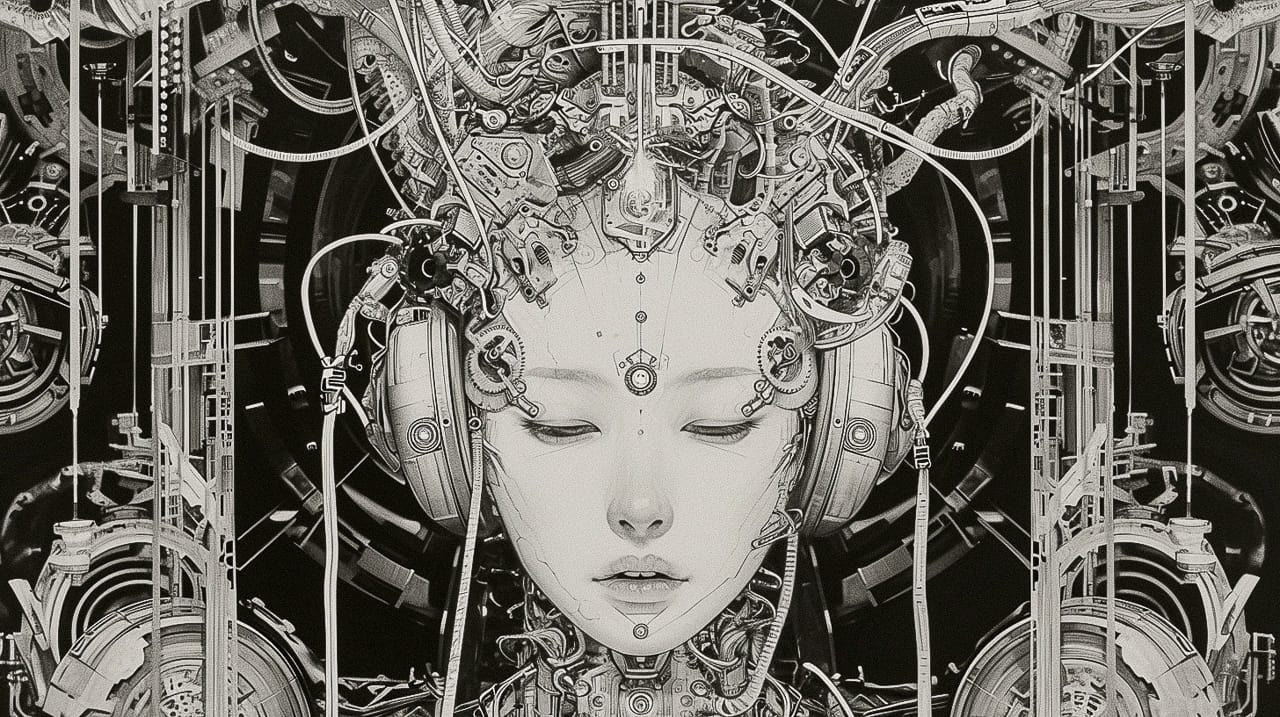Cyborg geisha head with headphones and wires, symmetrical black-and-white cyberpunk linework, Midjourney V6.0, figure 21