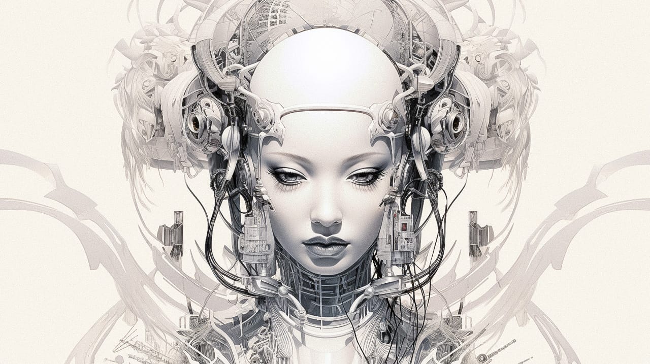 Symmetrical cyborg geisha head with headphones and wires, Midjourney V5.2, figure 22