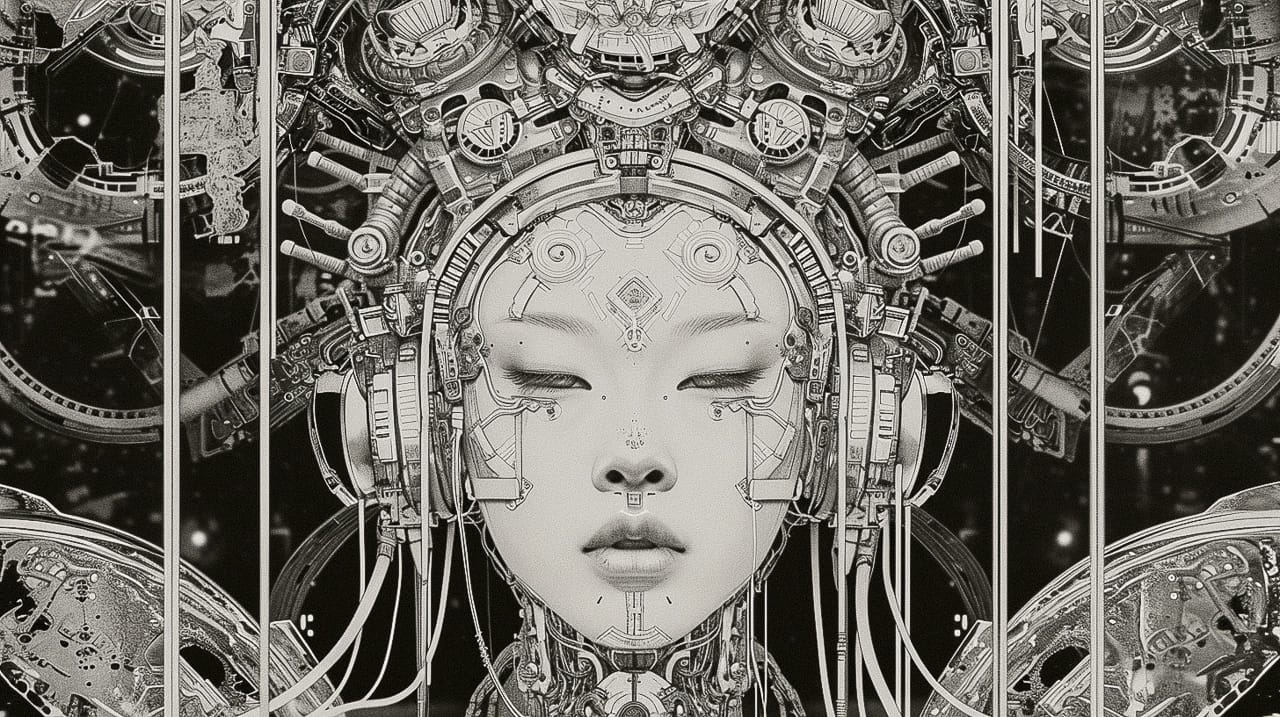 Symmetrical cyborg geisha head with headphones and wires, detailed black-and-white cyberpunk collage, Midjourney V6.0