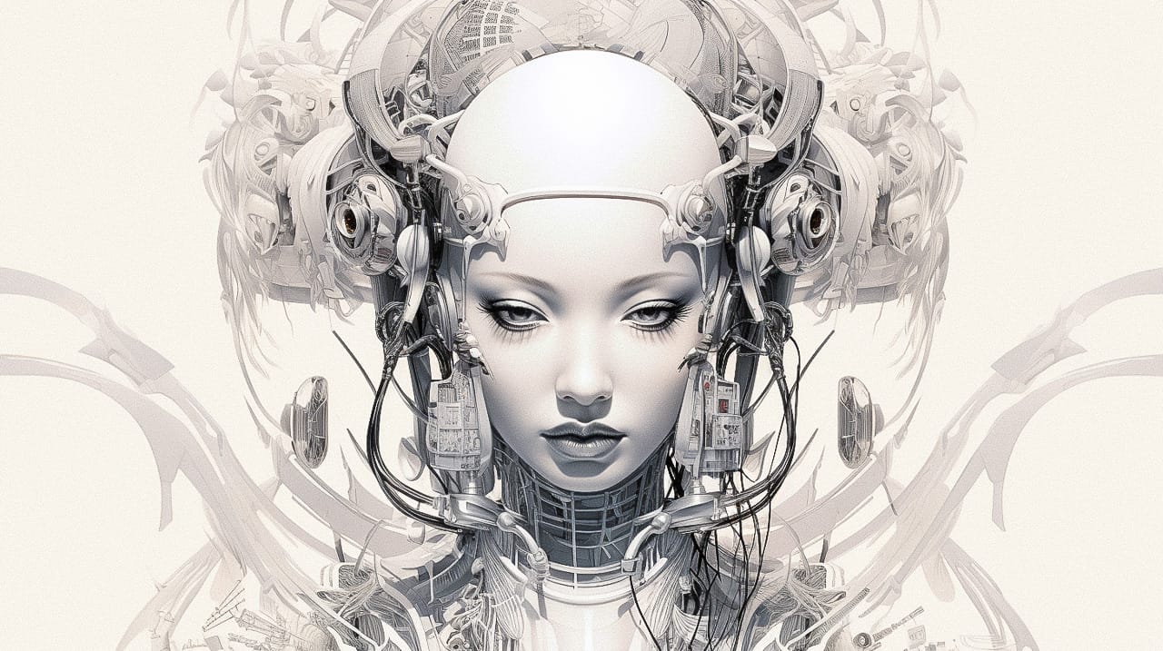 Futuristic cyborg geisha head with headphones and wires, intricate symmetrical monochrome collage, Midjourney V5.2