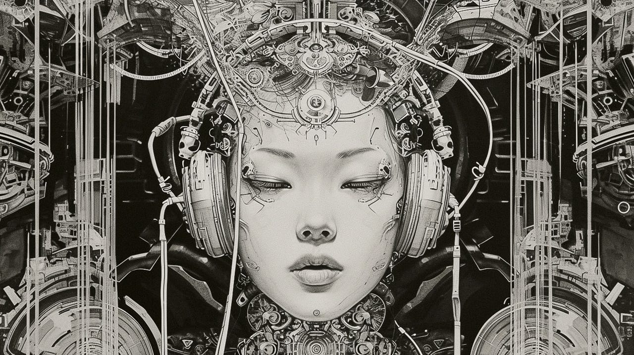 Cyborg geisha head with headphones and wires, symmetrical black-and-white intricate linework, Midjourney V6.0