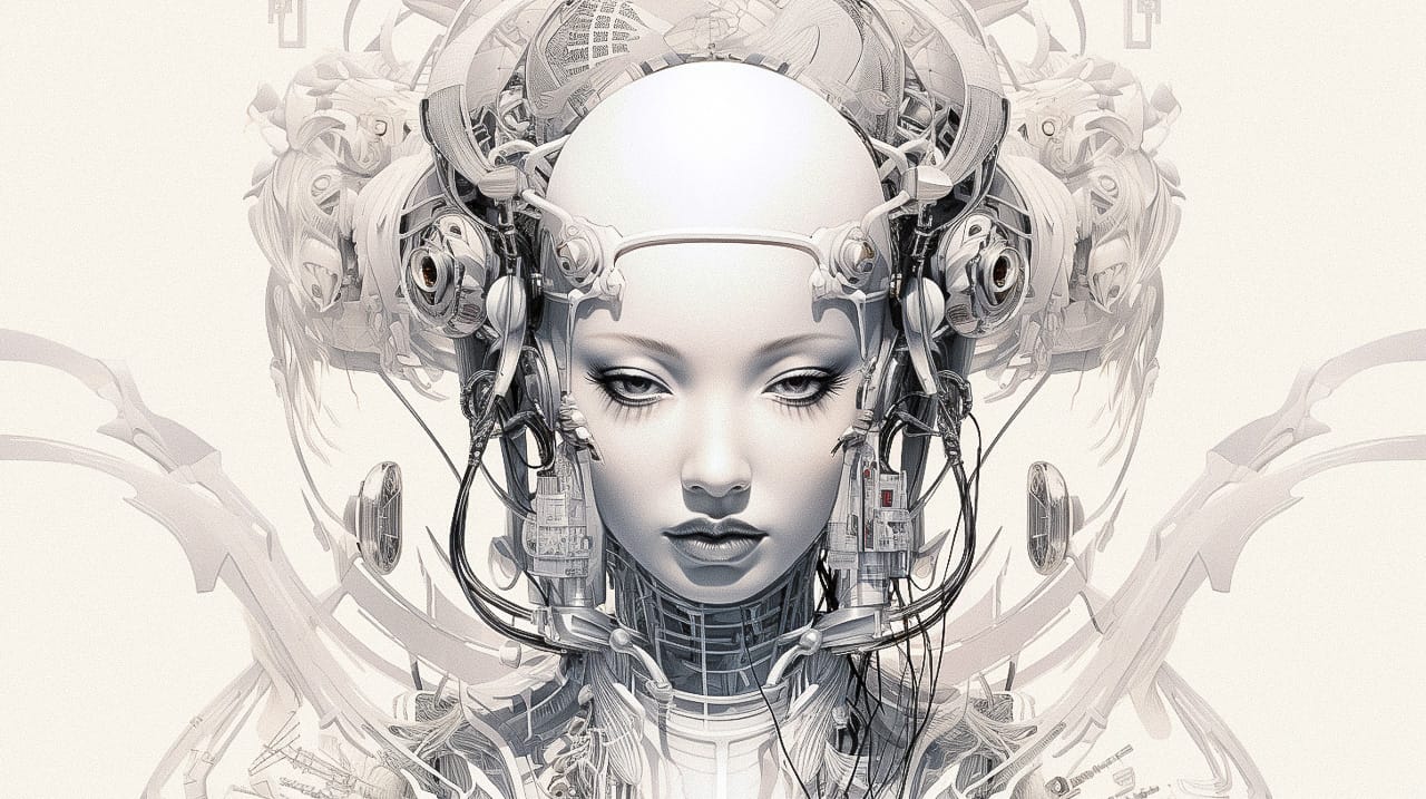 Symmetrical cyborg geisha head with headphones and wires, intricate monochrome futuristic collage, Midjourney V5.2