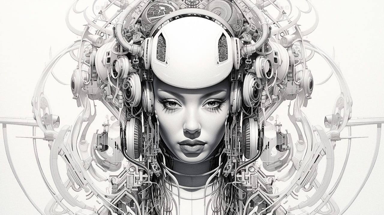 Symmetrical cyborg woman with headphones and wires, intricate black-and-white photorealistic drawing, Midjourney V5.2