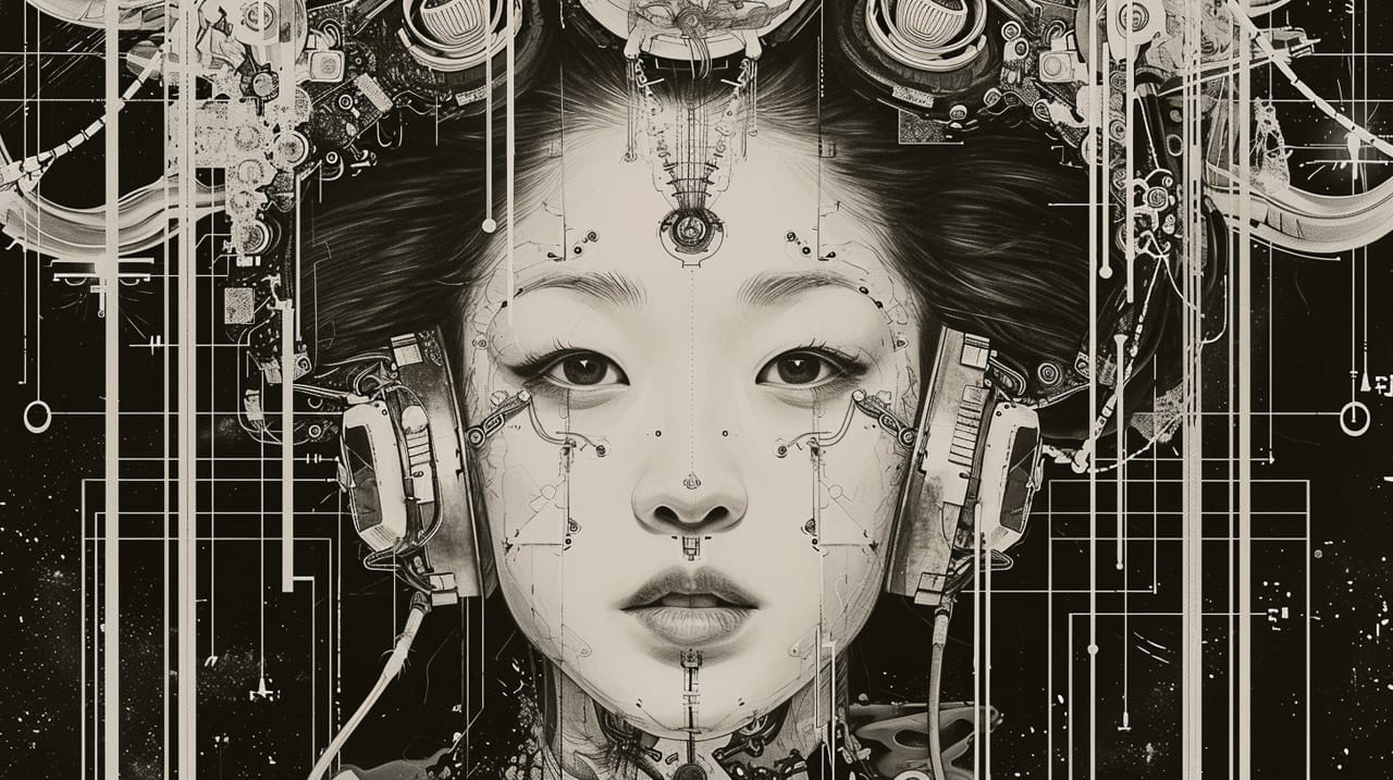 Cyborg geisha head with headphones and wires, symmetrical black-and-white photorealistic collage, Midjourney V6.0