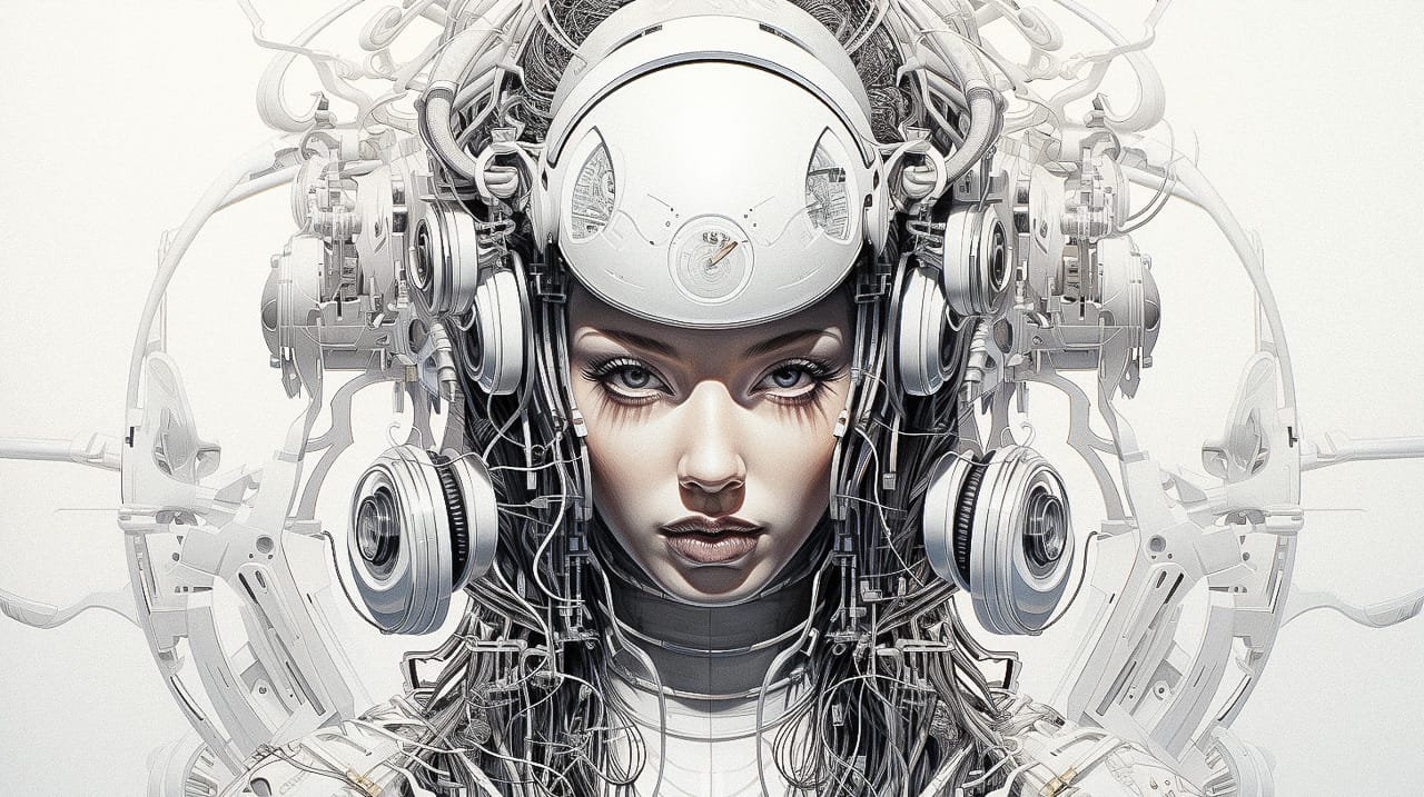Cyborg woman with headphones and wires, symmetrical black-and-white photorealistic collage, Midjourney V5.2