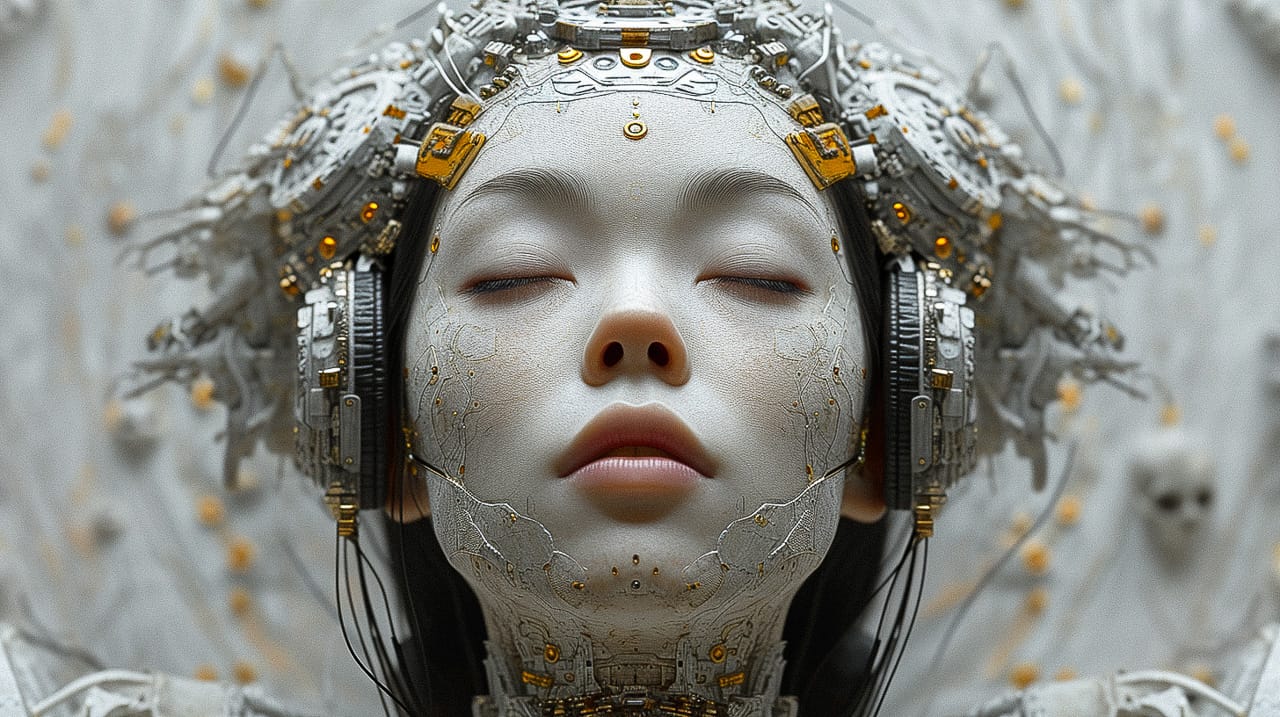 White cyborg geisha head with headphones and wires, Midjourney V6.0