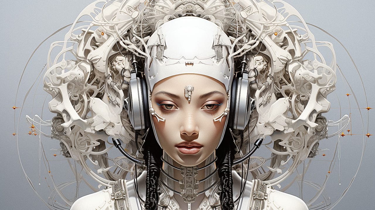 Futuristic cyborg geisha with headphones and wires, symmetrical monochrome photorealistic collage, Midjourney V5.2