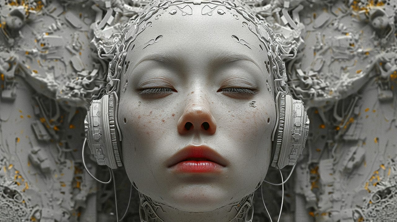 Cyborg geisha head with headphones and wires, photorealistic monochrome collage with red accents, Midjourney V6.0