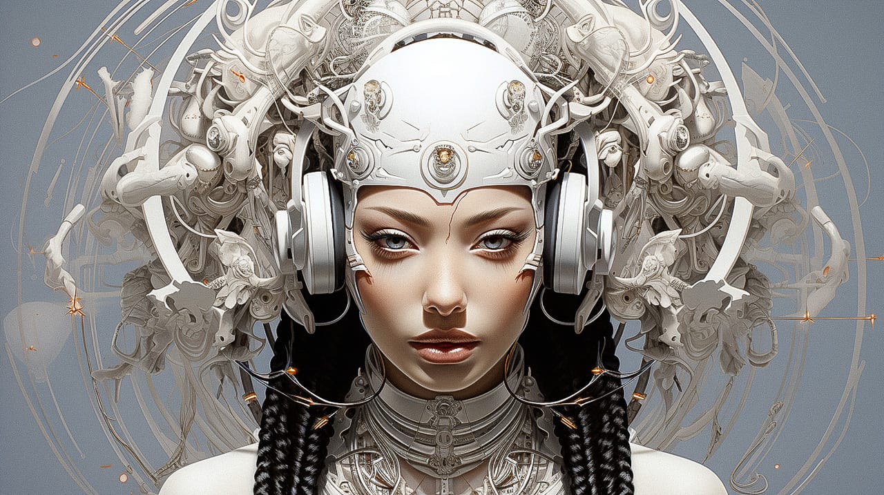 Cyborg geisha with headphones and wires, symmetrical photorealistic monochrome collage, Midjourney V5.2