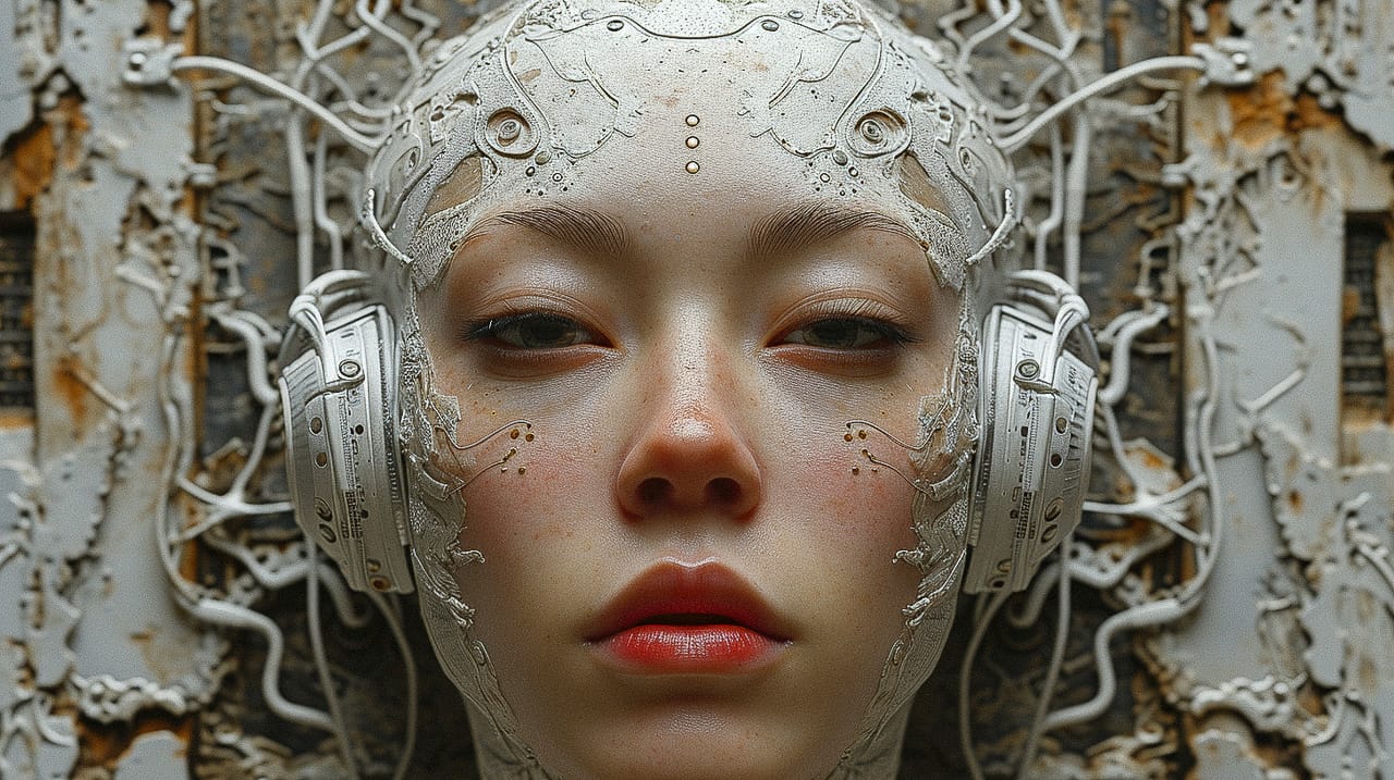 Cyborg geisha head with headphones and wires, symmetrical photorealistic monochrome collage, Midjourney V6.0