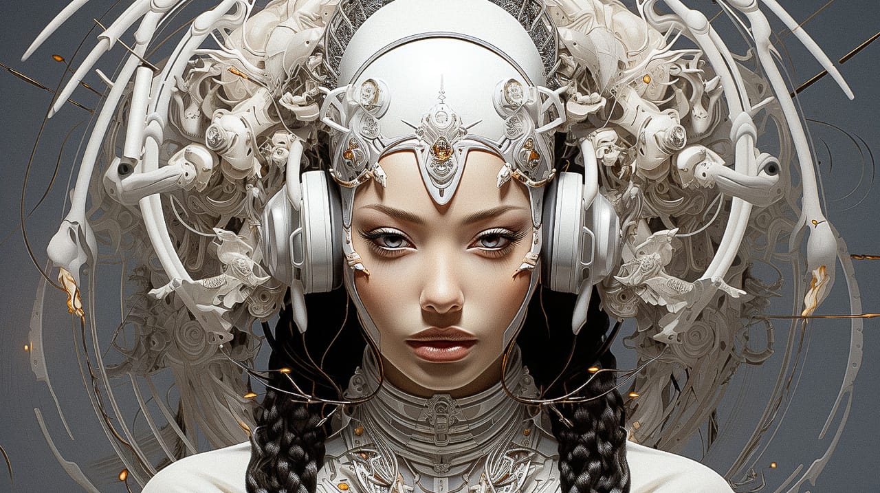 Cyborg geisha with headphones and wires, symmetrical photorealistic monochrome collage, Midjourney V5.2, figure 36