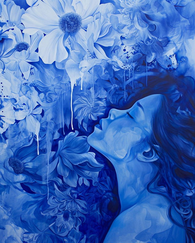 Woman surrounded by flowers in an indigo monochrome painting with flowing brushwork and soft light, Midjourney V6.0