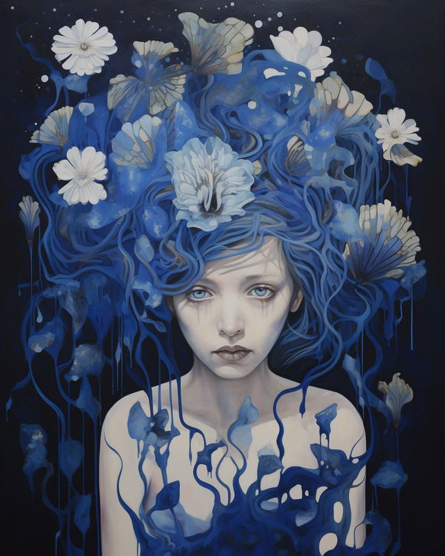 Woman surrounded by white flowers, in an indigo and blue floral painting with dark lighting, Midjourney V5.2