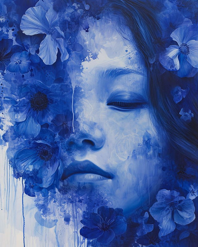 Woman’s face surrounded by flowers in an indigo watercolor painting with soft, luminous light, Midjourney V6.0