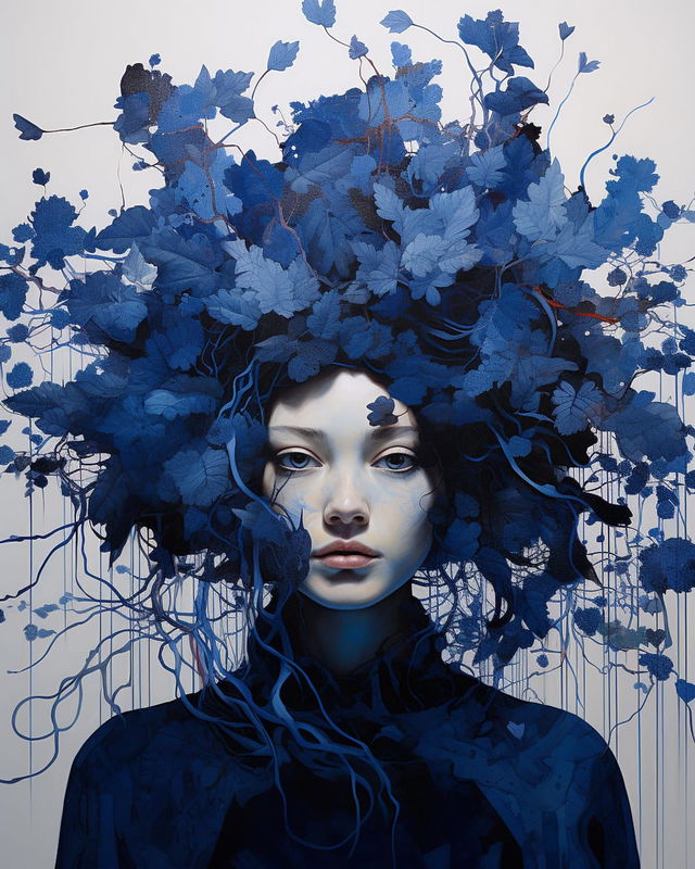 Woman surrounded by flowers in an indigo painting with a cool blue palette and soft light, Midjourney V5.2