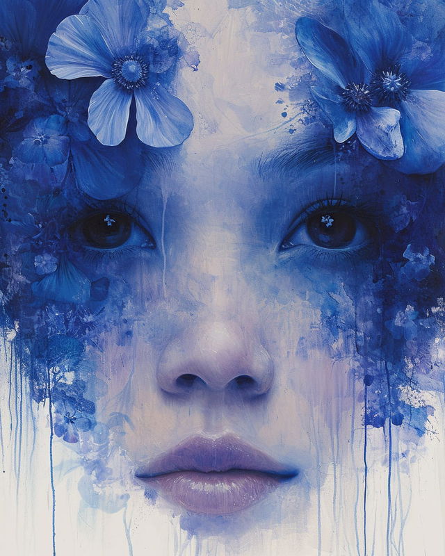 Close-up floral portrait in expressive indigo watercolor, with cool blue tones and soft light, Midjourney V6.0