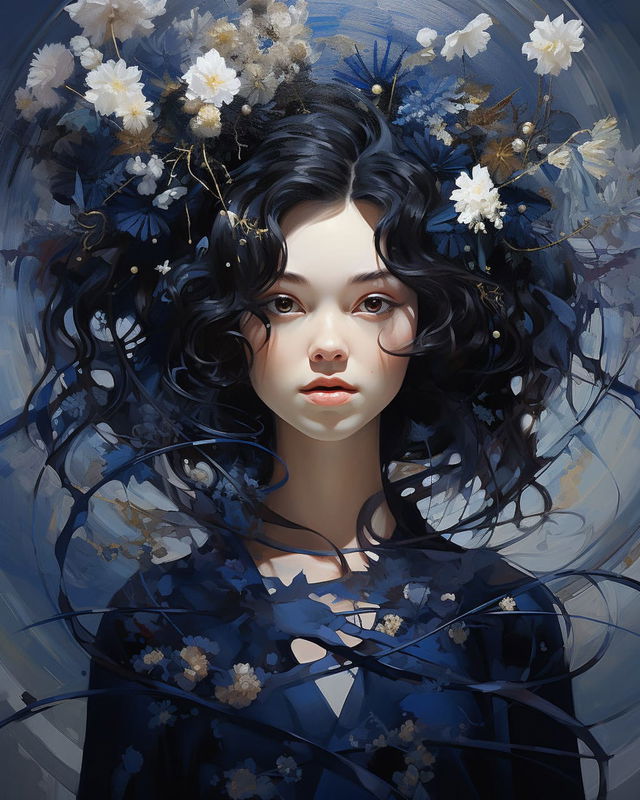 Woman surrounded by white flowers, rendered as an indigo-toned painterly portrait with soft light, Midjourney V5.2