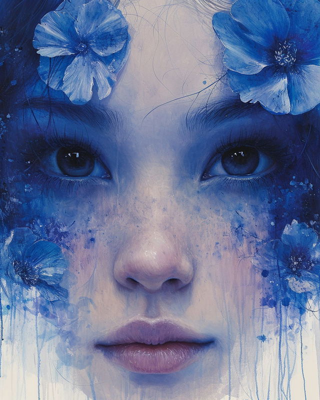 Close-up face with blue flowers, rendered in expressive indigo watercolor with soft light, Midjourney V6.0