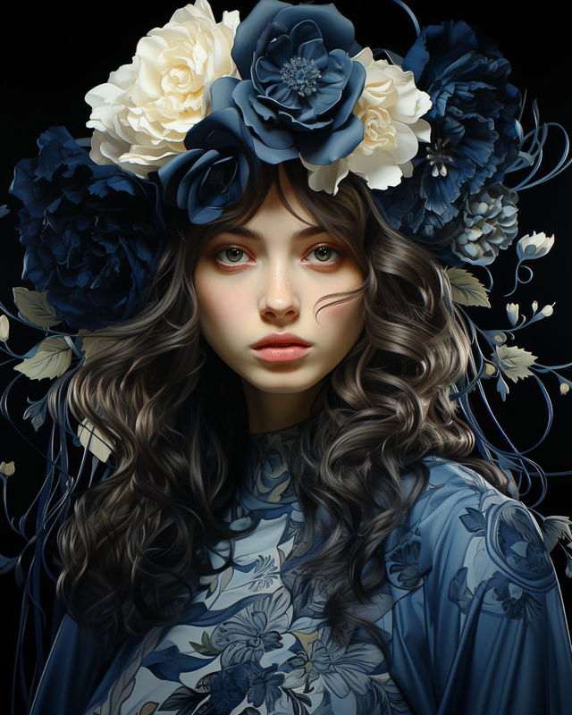 Woman in a floral crown and dress, detailed indigo-toned digital portrait on black, Midjourney V5.2
