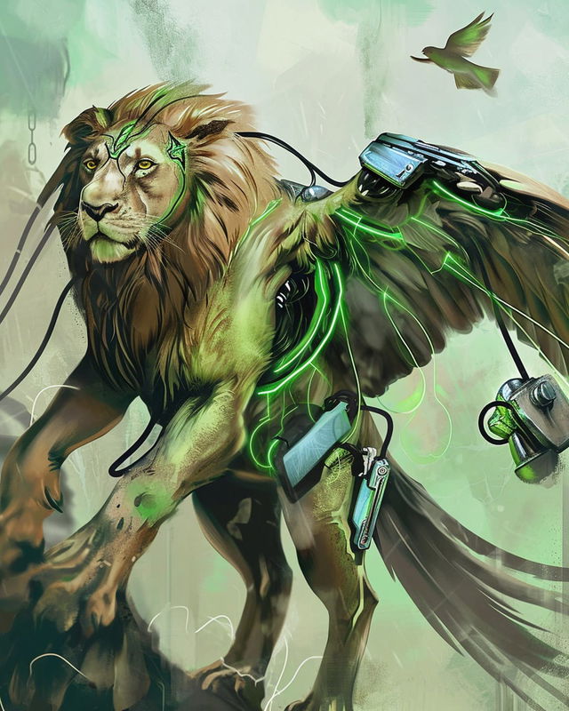 Electro-bionical bird-lion with cybernetic armor, illustrated in muted greens and glowing neon light, Midjourney V6.0
