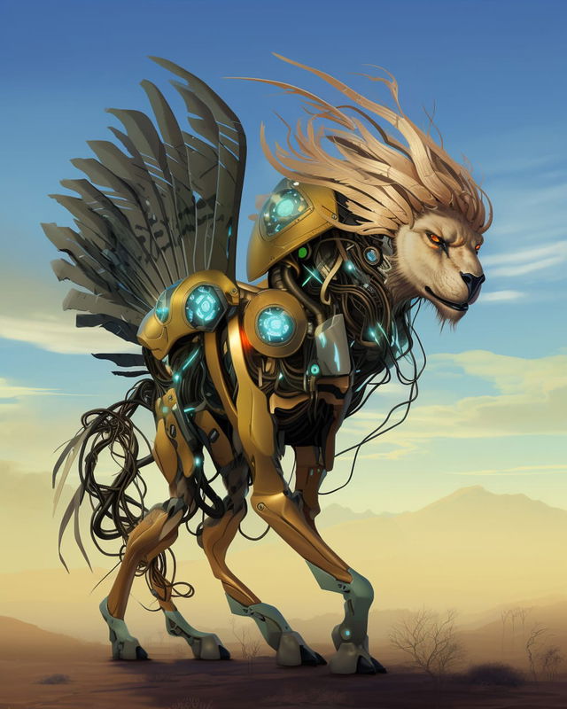Bird-lion with cybernetic armor and wings, rendered in warm metallic tones under bright desert light, Midjourney V5.2