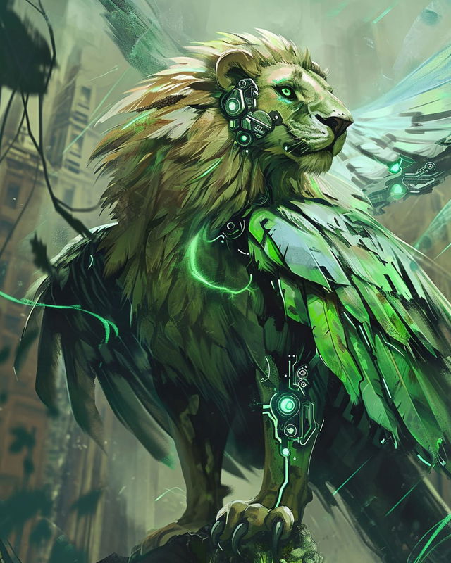 Electro-bionical bird-lion with cybernetic parts, rendered in green-lit digital fantasy art, Midjourney V6.0