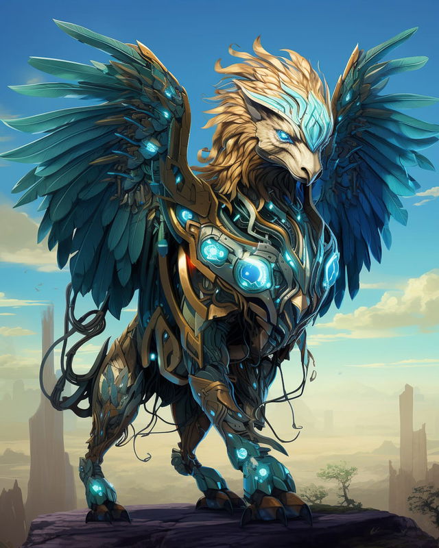 Electro-bionic bird-lion with feathered wings and glowing armor in teal, gold, and blue light, Midjourney V5.2