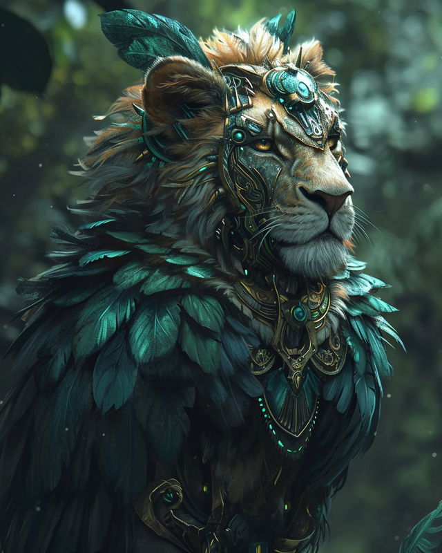 Electro-bionical bird-lion portrait in digital art, teal-black palette and soft forest light, Midjourney V6.0