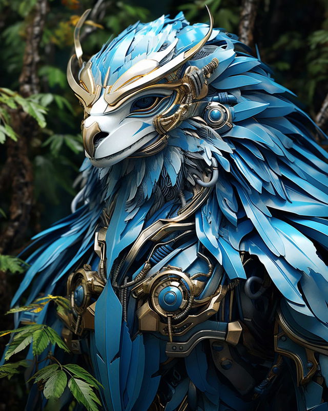 Electro-bionic bird-lion with blue feathers and gold machinery, photorealistic forest portrait, Midjourney V5.2