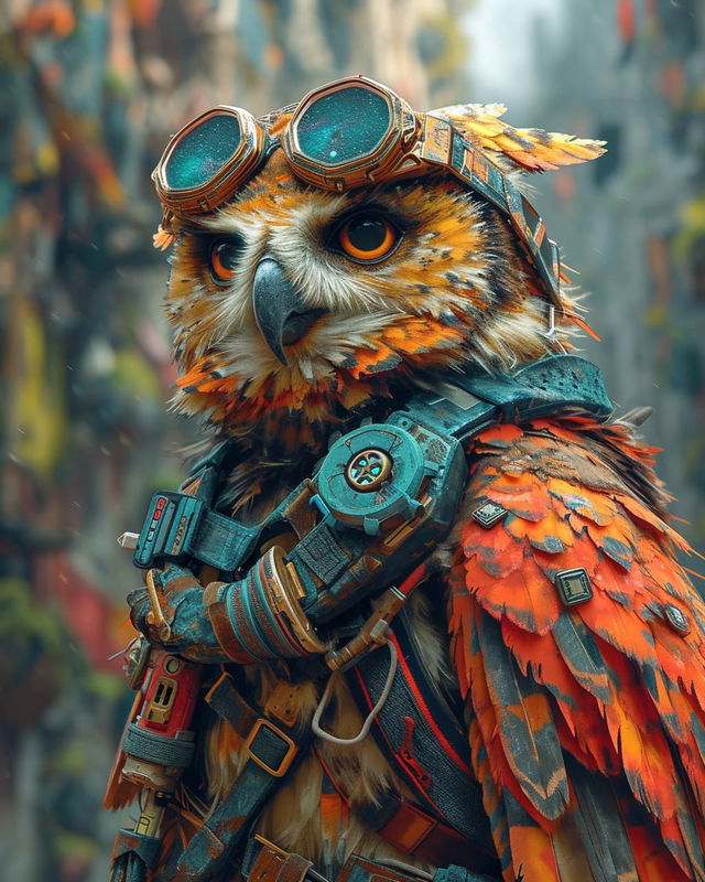 Electro-mechanical owl-like bird in aviator goggles and armor, vivid orange and teal realism, Midjourney V6.0