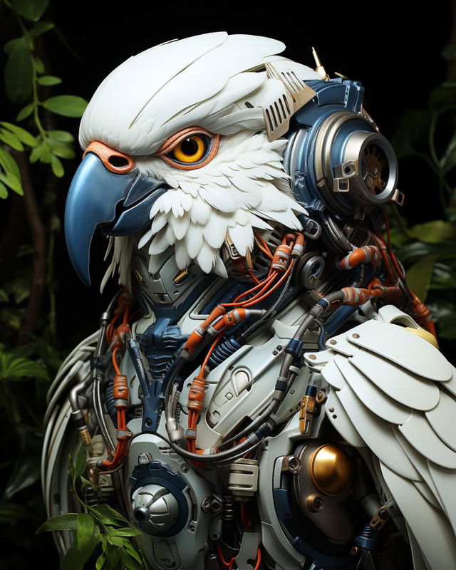 Electro-bionic bird-lion with white feathers and blue armor, rendered in detailed photorealism, Midjourney V5.2