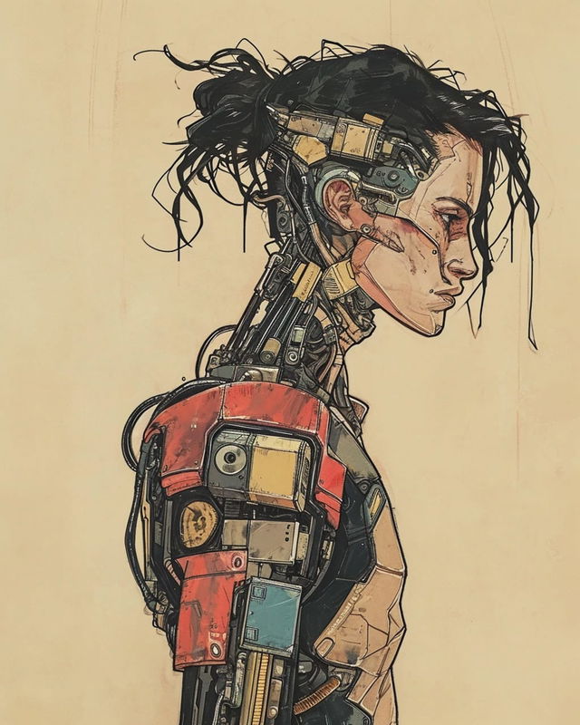 Cyberpunk character in the style of Egon Schiele, ink illustration in muted beige, red, and black, Midjourney V6.0