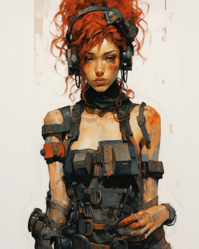 Cyberpunk woman with red hair and tactical gear, in the style of Egon Schiele, warm painterly tones, Midjourney V5.2