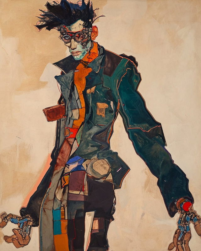 Cyberpunk character in the style of Egon Schiele, angular ink and watercolor in muted earth tones, Midjourney V6.0