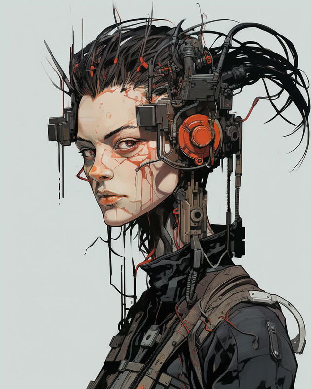 Cyberpunk character in the style of Egon Schiele, angular ink art in muted tones with red accents, Midjourney V5.2