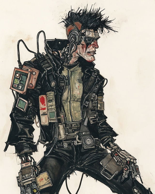 Cyberpunk character in the style of Egon Schiele, sketched in muted earthy tones with ink lines, Midjourney V6.0