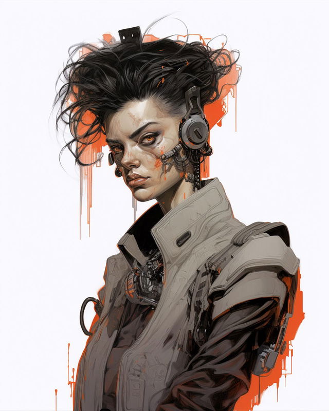 Cyberpunk character in the style of Egon Schiele, sketchy inkwork with muted gray and orange accents, Midjourney V5.2