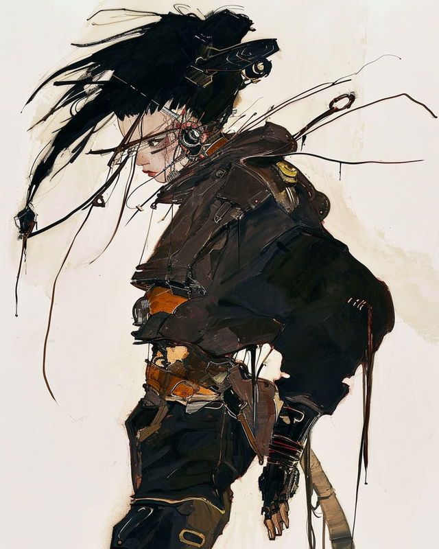 Cyberpunk character in the style of Egon Schiele, with sketchy ink lines and dark muted colors, Midjourney V6.0
