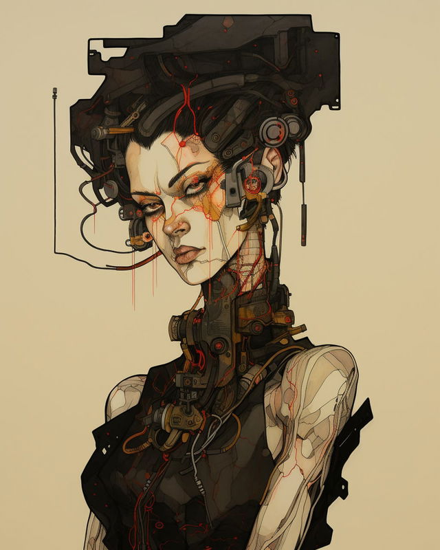 Cyberpunk woman in the style of Egon Schiele, intricate lines, muted beige palette and red accents, Midjourney V5.2