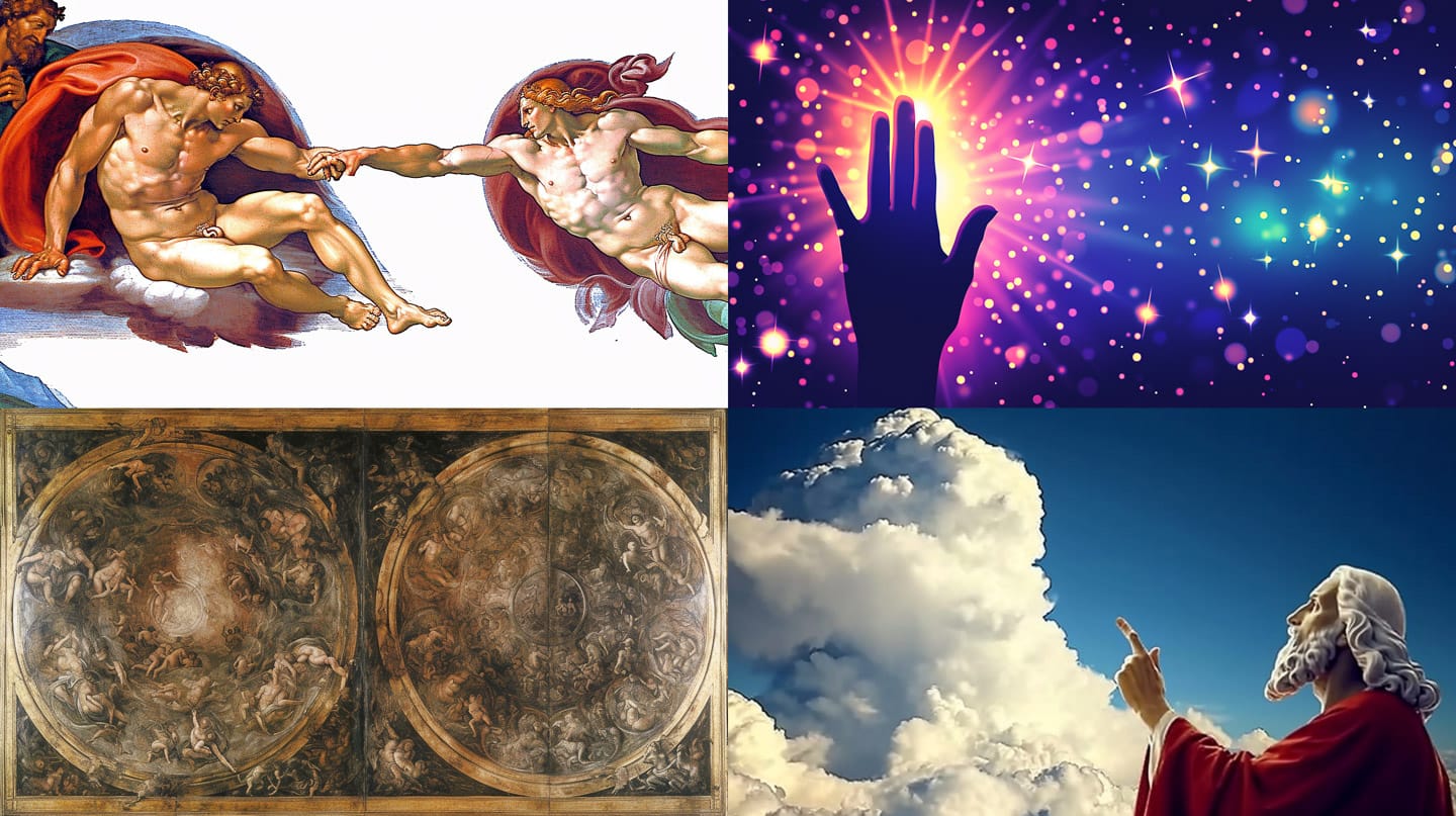 Four variations on the Creation of Adam, from classical fresco to cosmic digital art, Midjourney V6.0