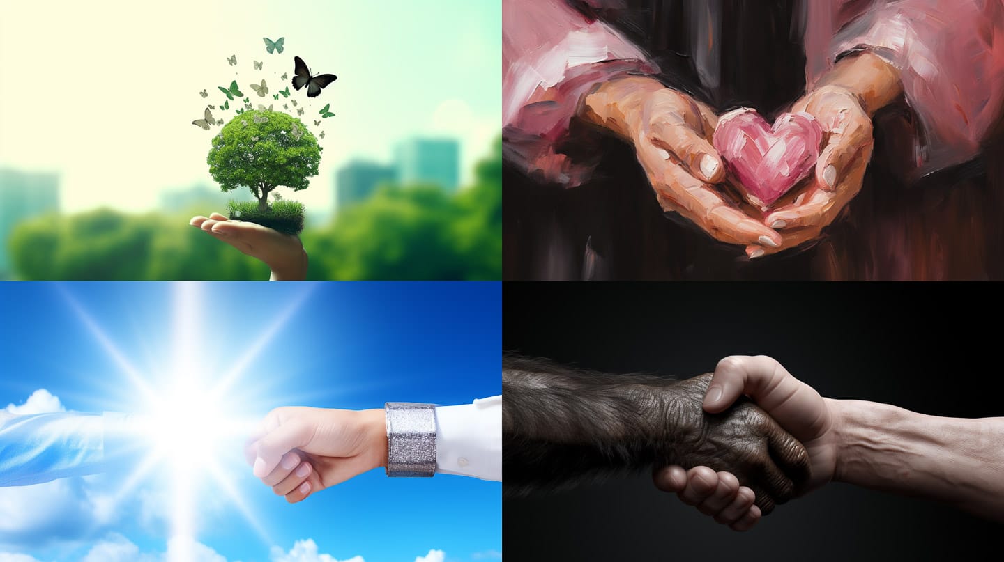 Four creation scenes: tree, heart, fist, and handshake in painterly and photorealistic styles, Midjourney V5.2