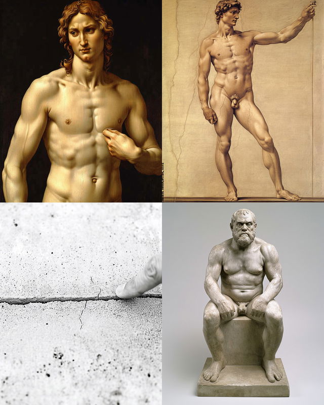 Four Creation of Adam variations: classical art, cracked concrete, and a seated sculpture, Midjourney V6.0