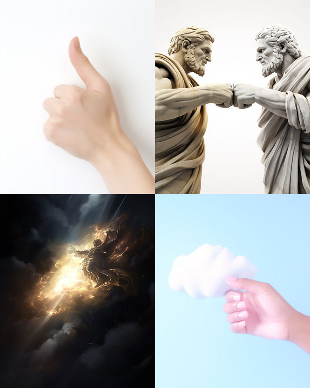 Four interpretations of Creation of Adam, from hand gestures to classical and surreal scenes, Midjourney V5.2