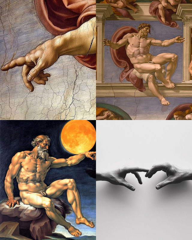 Creation of Adam variations with painted figures and hands in warm colors and dramatic light, Midjourney V6.0