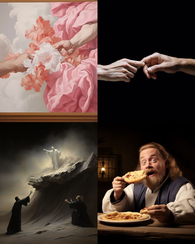 Four chaotic variations on reaching hands, with floral, black-background, dramatic, and comic scenes, Midjourney V5.2