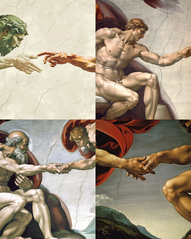 Adam and God reaching toward each other in a fragmented Renaissance fresco collage, Midjourney V6.0